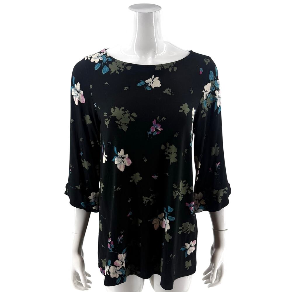 J Jill Wearever Top Sz Medium Petite Black Blue Pink Floral Stretch Ruffle Cuff